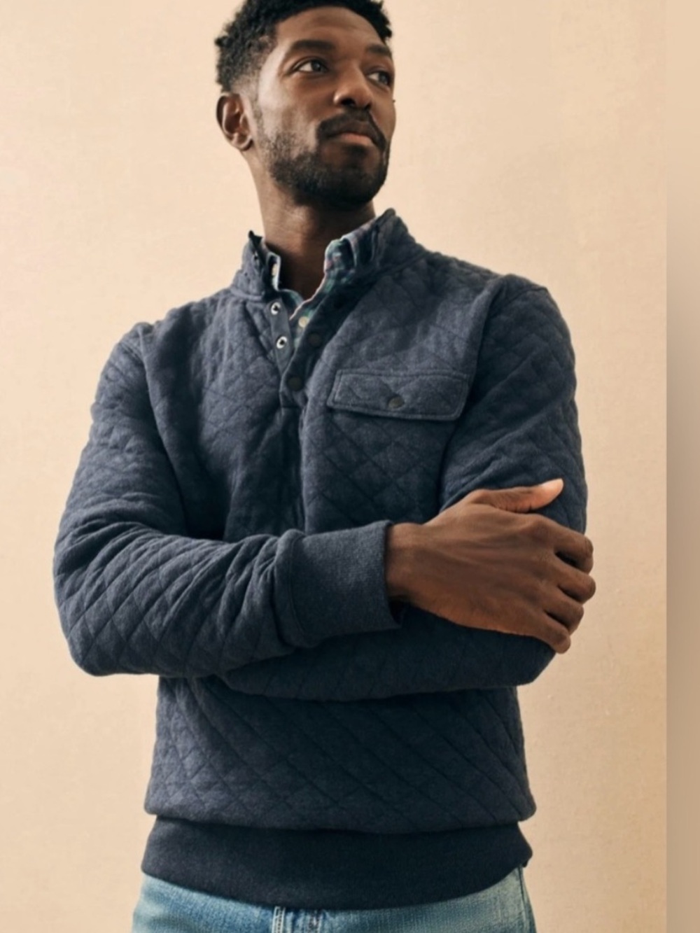 Faherty Men’s Epic Quilted Fleece Pullover Navy Blue Size Medium